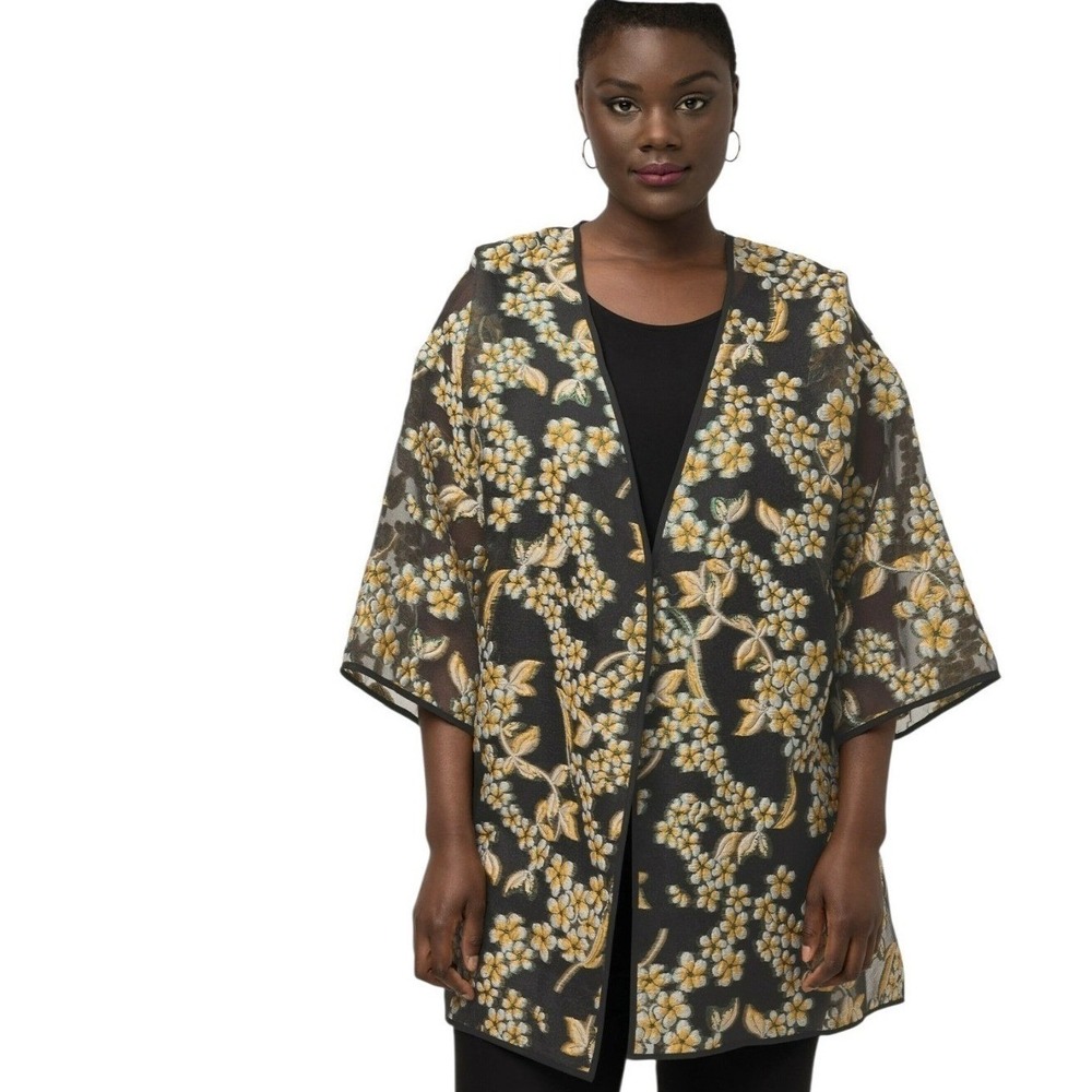 Ulla Popken Semi Sheer Embroidered Floral 3/4 Sleeve Open Kimono Jacket Sz 16/18